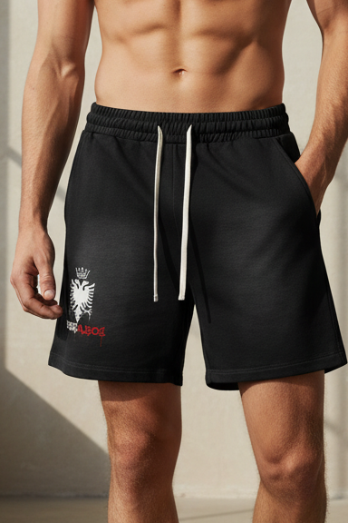 Black shorts with a logo and text on a white background