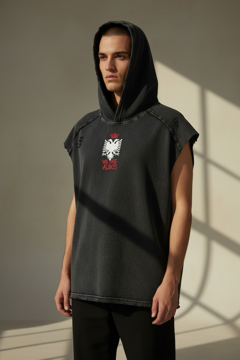 Black sleeveless hoodie with a logo on a white background