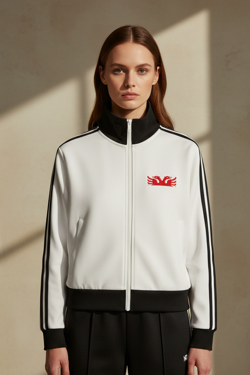 White jacket with black stripes and a red logo on a white background