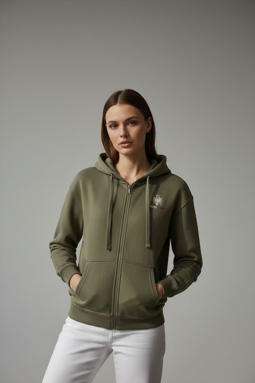 Green hoodie with a small logo on a white background