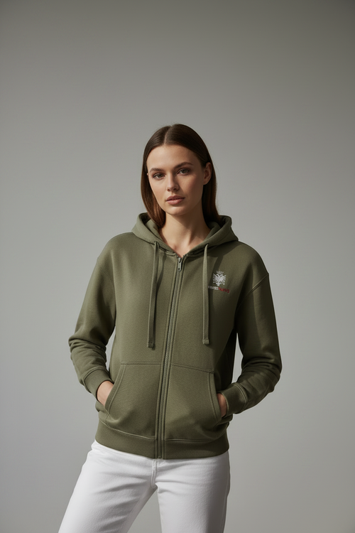 Green hoodie with a small logo on a white background