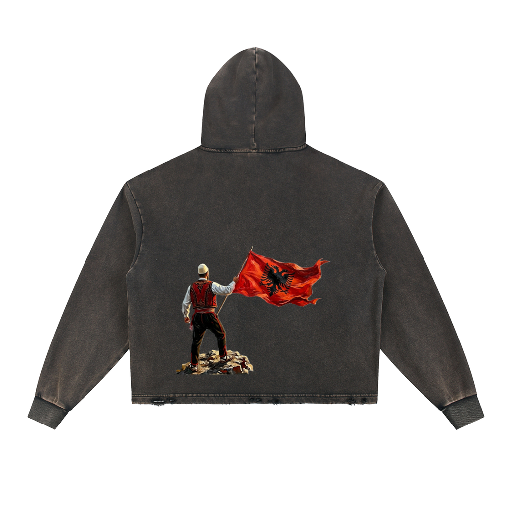Vintage Washed Frayed-Hem Hoodie (Loose)