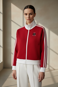 Red jacket with white stripes and a logo on a white background